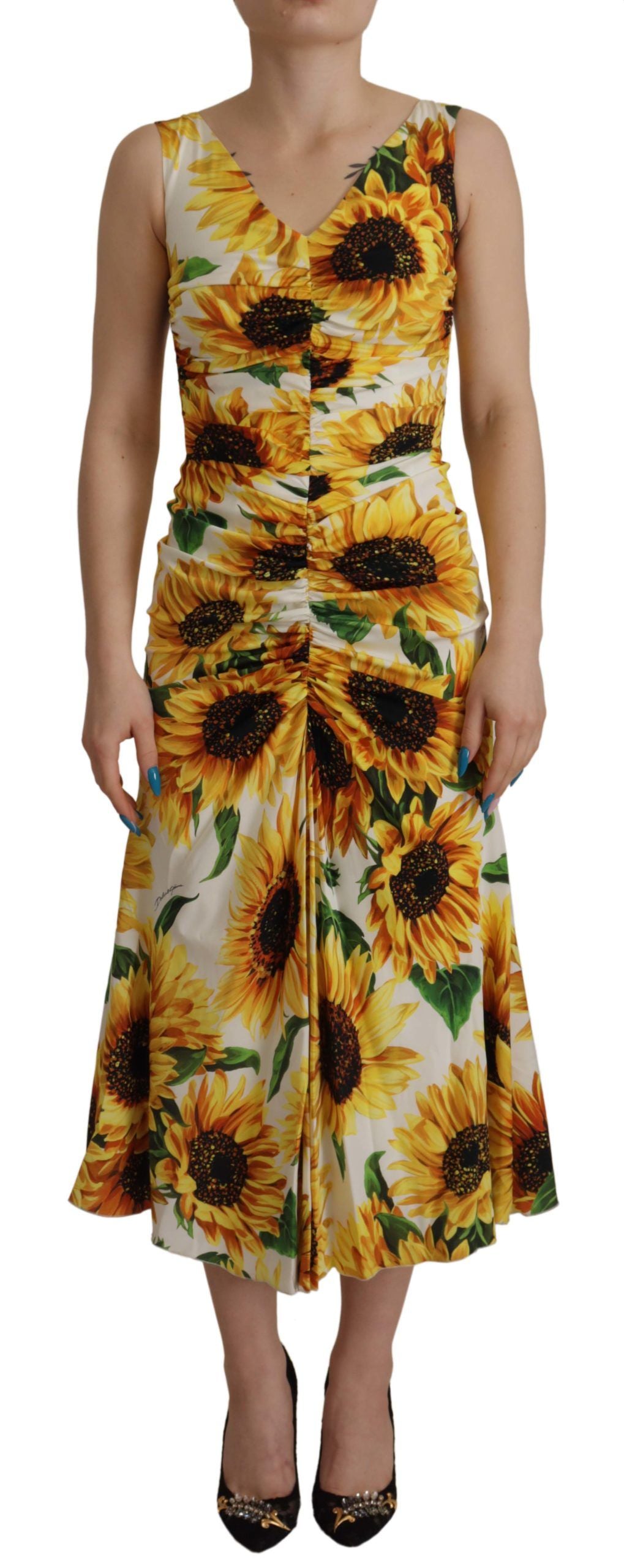 Dolce & Gabbana White Sunflower Print Sheath Midi Silk by Dolce & Gabbana