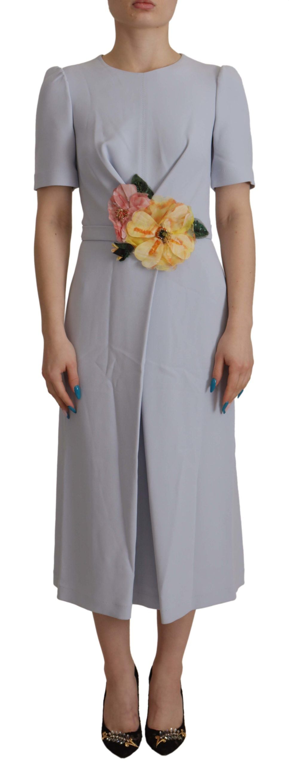 Dolce & Gabbana Blue Floral Applique Midi Viscose Dress by Dolce & Gabbana