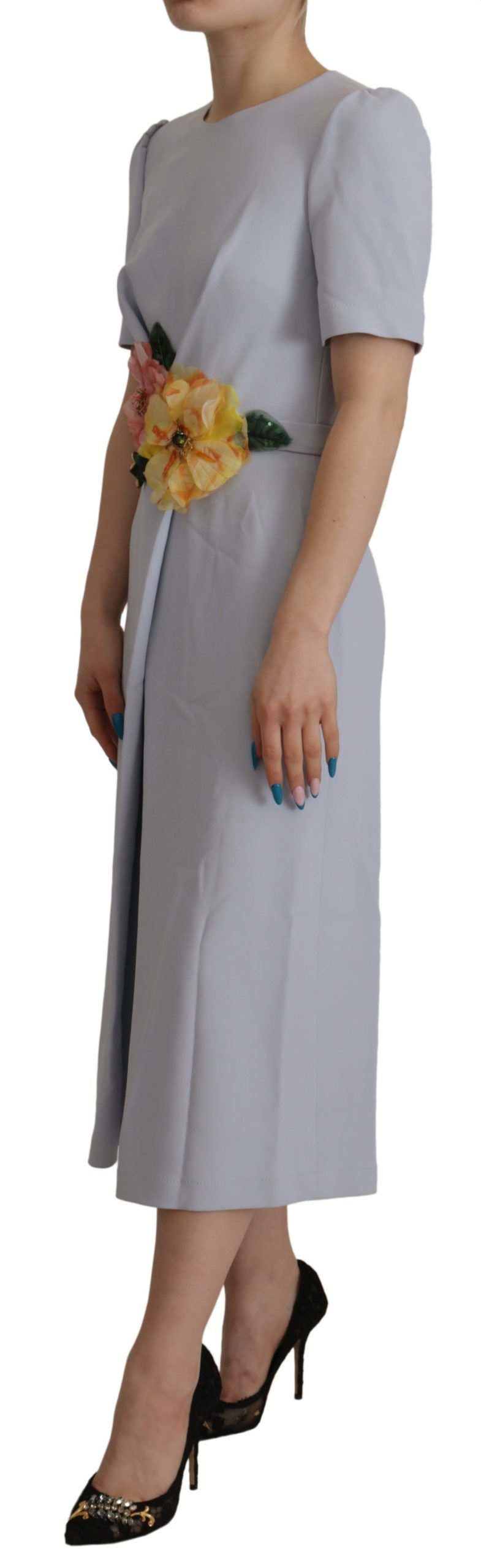 Dolce & Gabbana Blue Floral Applique Midi Viscose Dress by Dolce & Gabbana