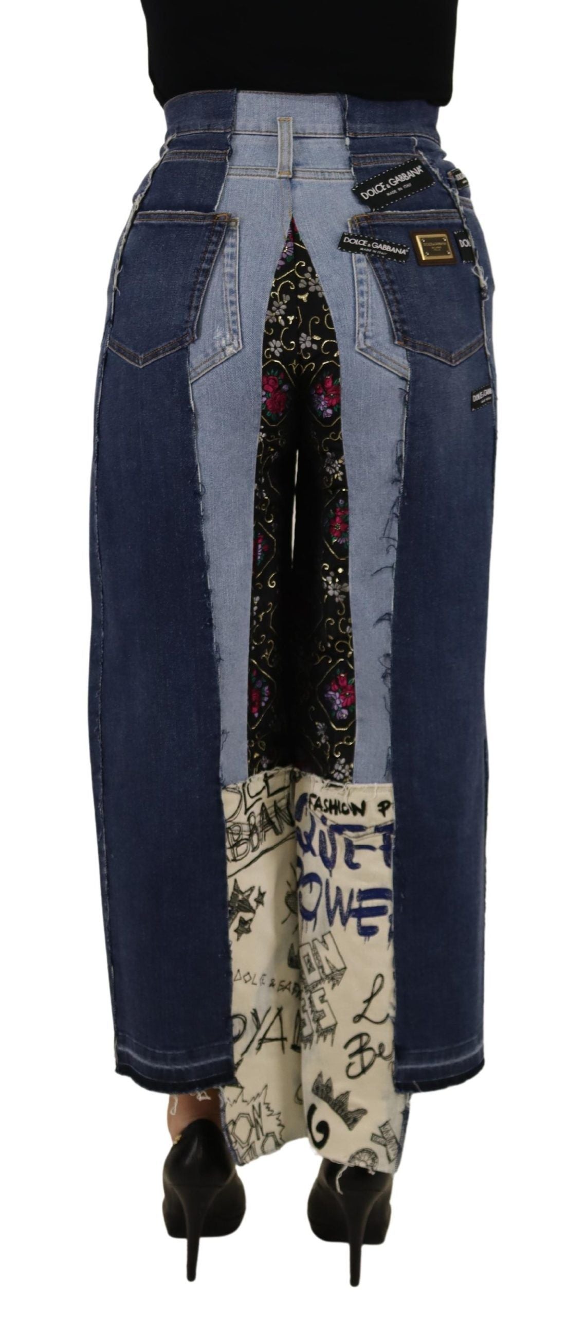 Dolce & Gabbana Multicolor Patchwork DG Fashion Wide Leg Denim Pant by Dolce & Gabbana