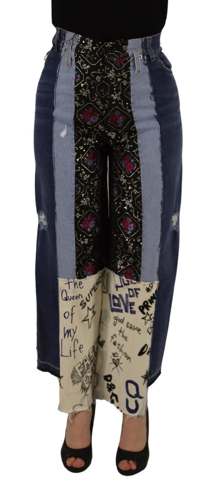 Dolce & Gabbana Multicolor Patchwork DG Fashion Wide Leg Denim Pant by Dolce & Gabbana