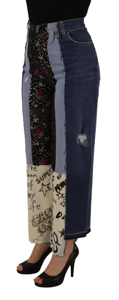 Dolce & Gabbana Multicolor Patchwork DG Fashion Wide Leg Denim Pant by Dolce & Gabbana