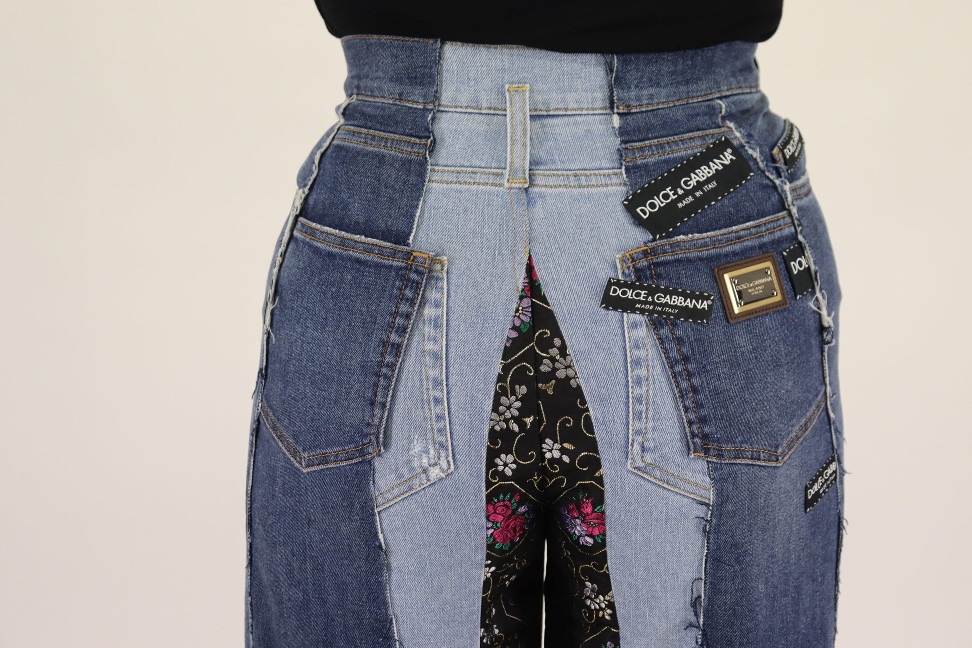 Dolce & Gabbana Multicolor Patchwork DG Fashion Wide Leg Denim Pant by Dolce & Gabbana