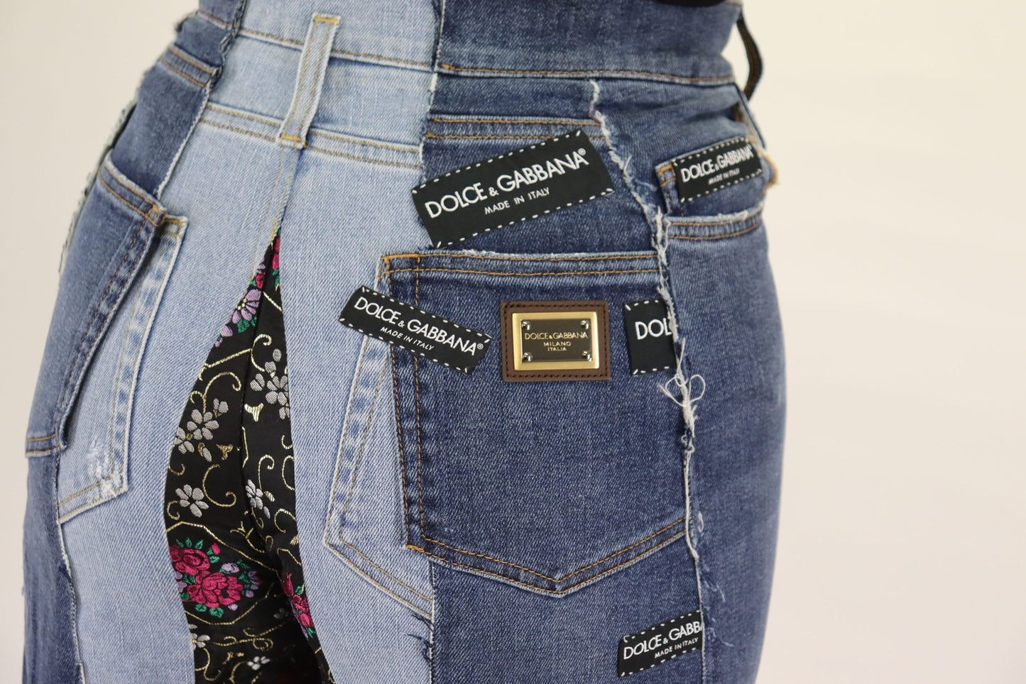 Dolce & Gabbana Multicolor Patchwork DG Fashion Wide Leg Denim Pant by Dolce & Gabbana
