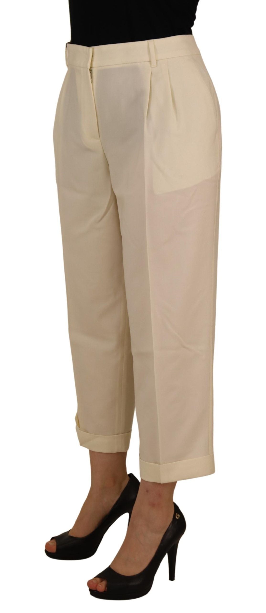 Dolce & Gabbana Ivory High Waist Cropped Folded Hem Trousers Pants by Dolce & Gabbana