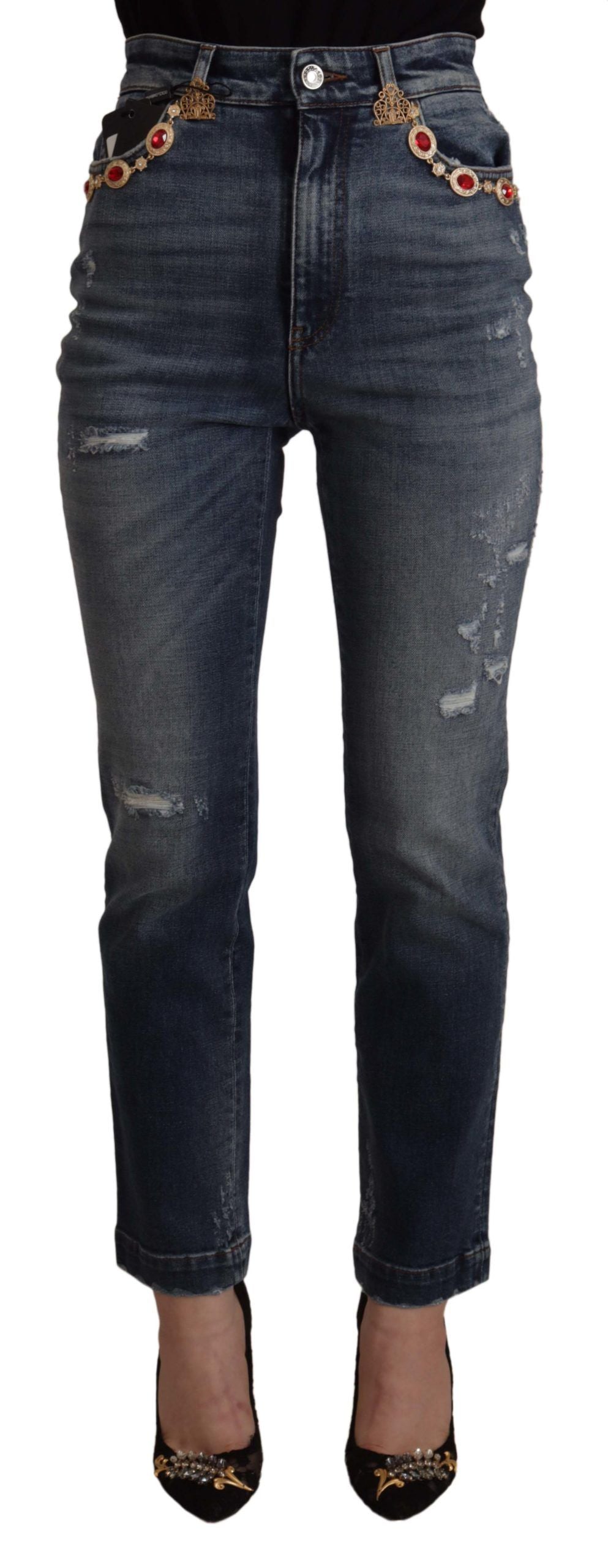 Dolce & Gabbana Blue Denim Crystal Embellished Pants Jeans by Dolce & Gabbana