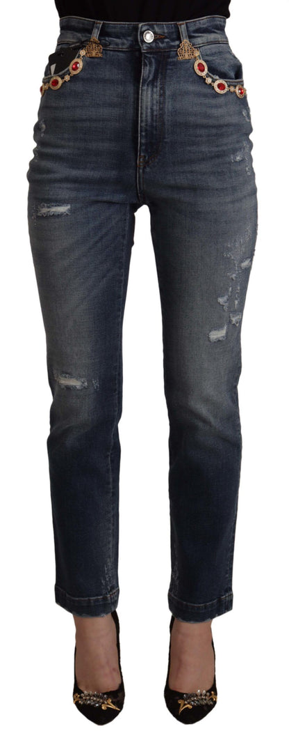 Dolce & Gabbana Blue Denim Crystal Embellished Pants Jeans by Dolce & Gabbana