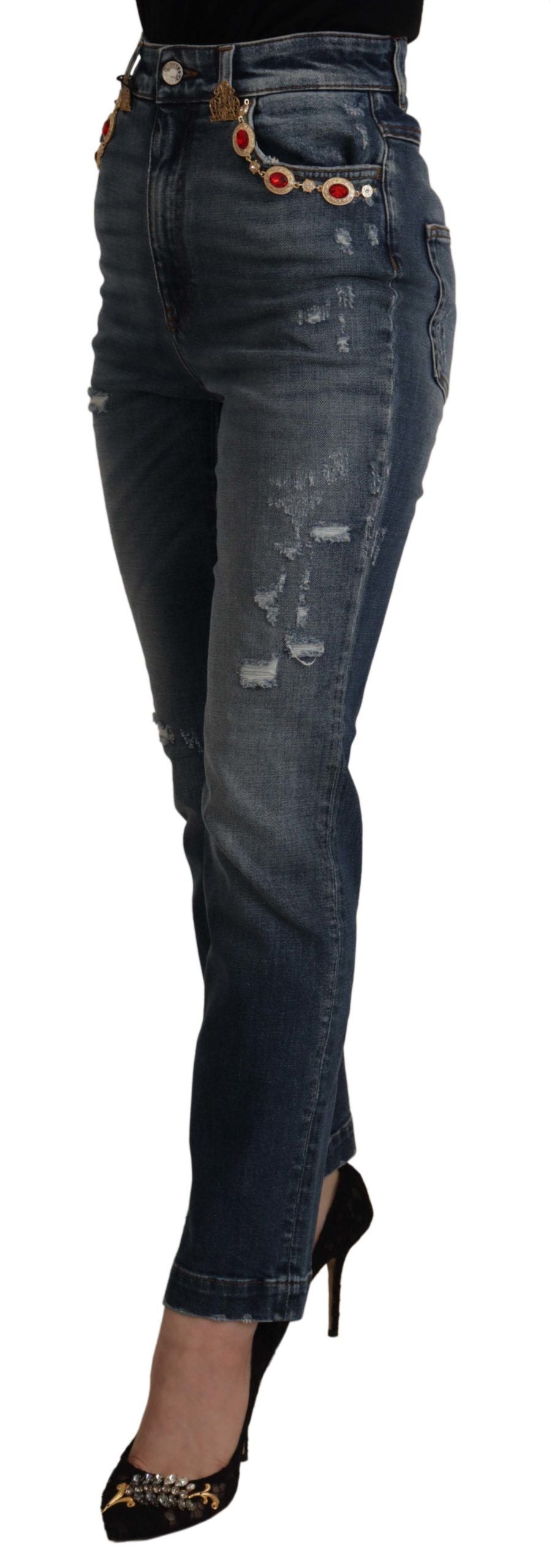 Dolce & Gabbana Blue Denim Crystal Embellished Pants Jeans by Dolce & Gabbana