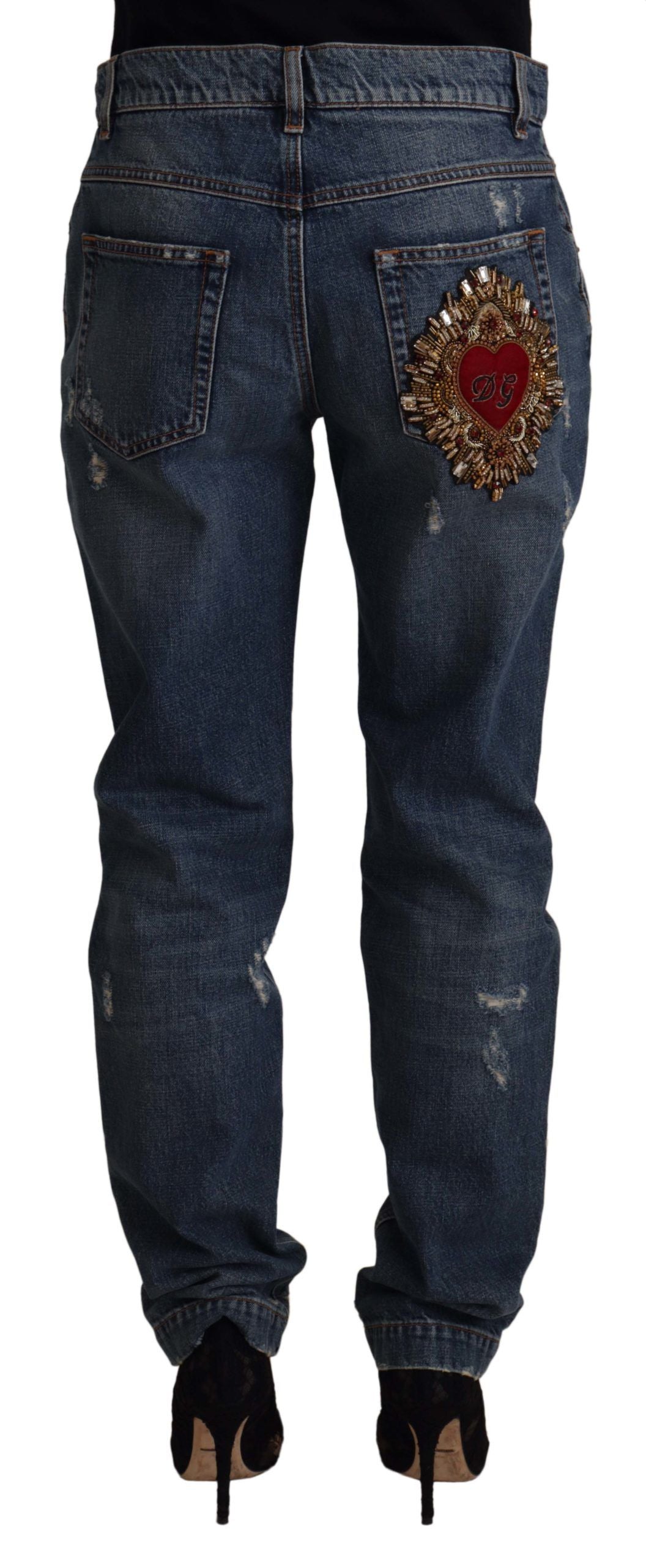 Dolce & Gabbana Blue Denim Baroque Heart Logo Patch Pants Jeans by Dolce & Gabbana