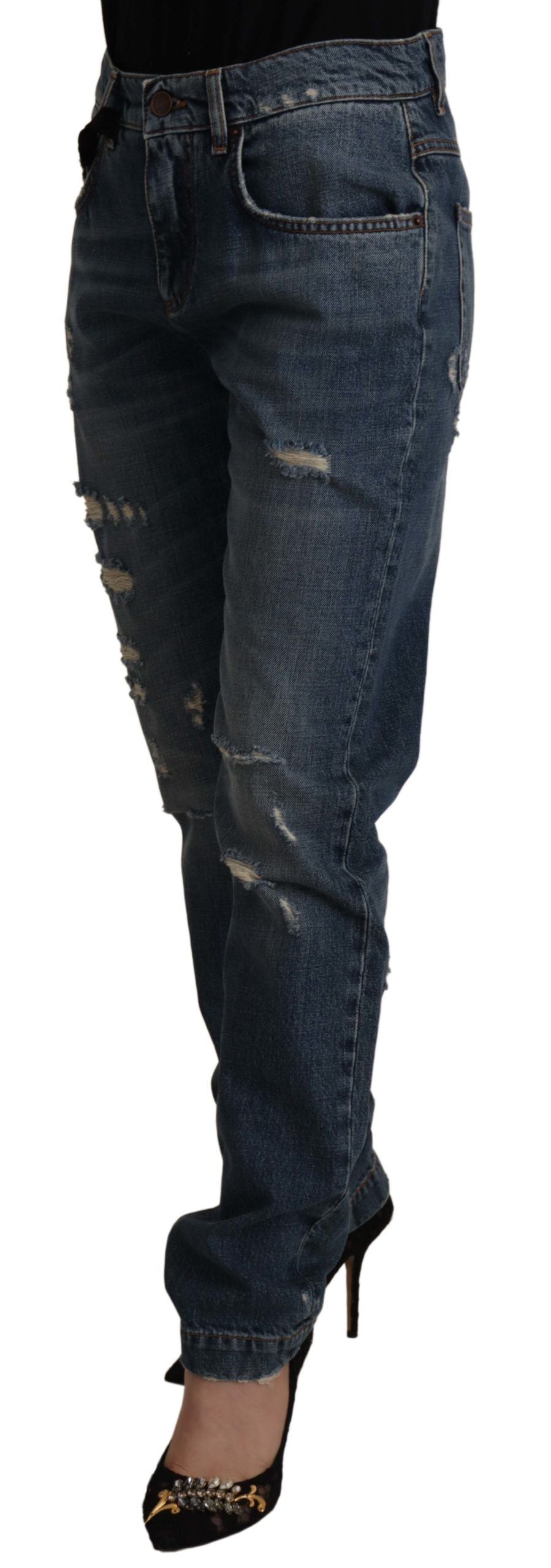 Dolce & Gabbana Blue Denim Baroque Heart Logo Patch Pants Jeans by Dolce & Gabbana