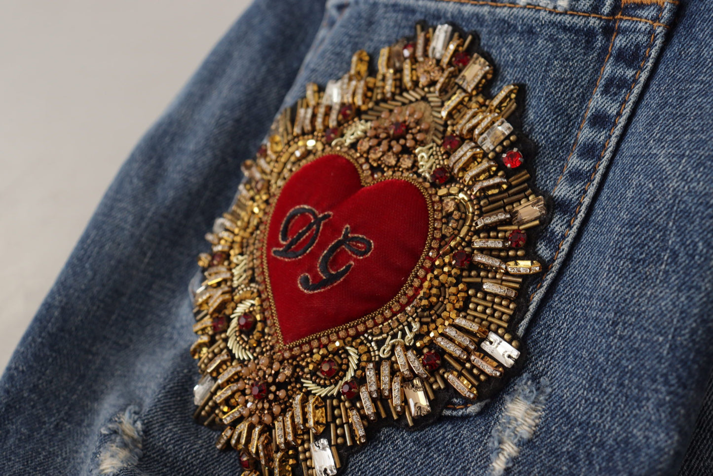 Dolce & Gabbana Blue Denim Baroque Heart Logo Patch Pants Jeans by Dolce & Gabbana