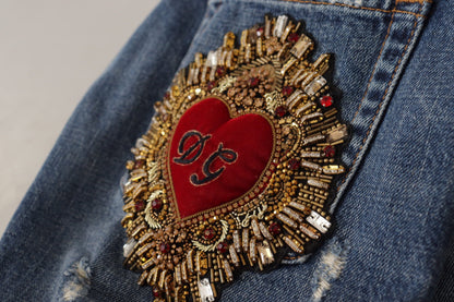 Dolce & Gabbana Blue Denim Baroque Heart Logo Patch Pants Jeans by Dolce & Gabbana