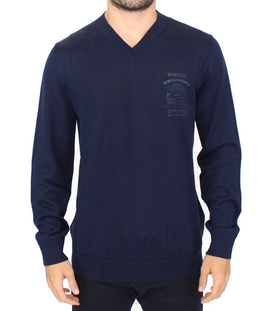 Pull élégant en laine mélangée bleu à col en V Ermanno Scervino