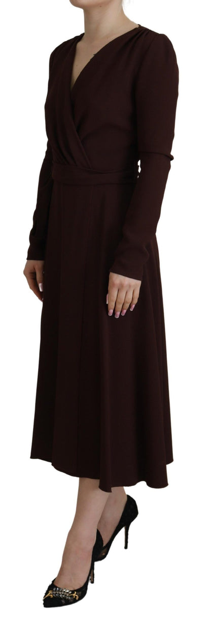 Dolce & Gabbana Brown Wrap Long Sleeve Midi Stretch Dress by Dolce & Gabbana