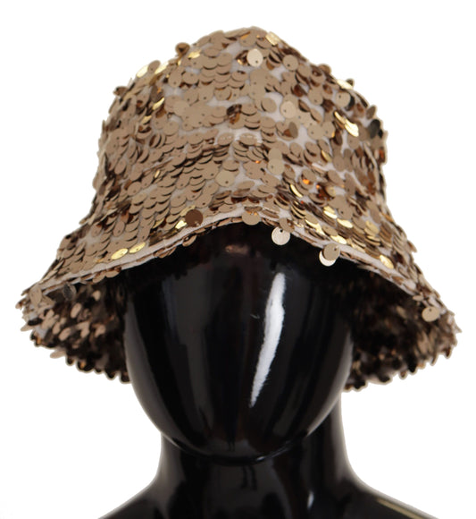 Dolce &amp; Gabbana Gold Silk Sequin Embellished Designer Brim Bucket Hat