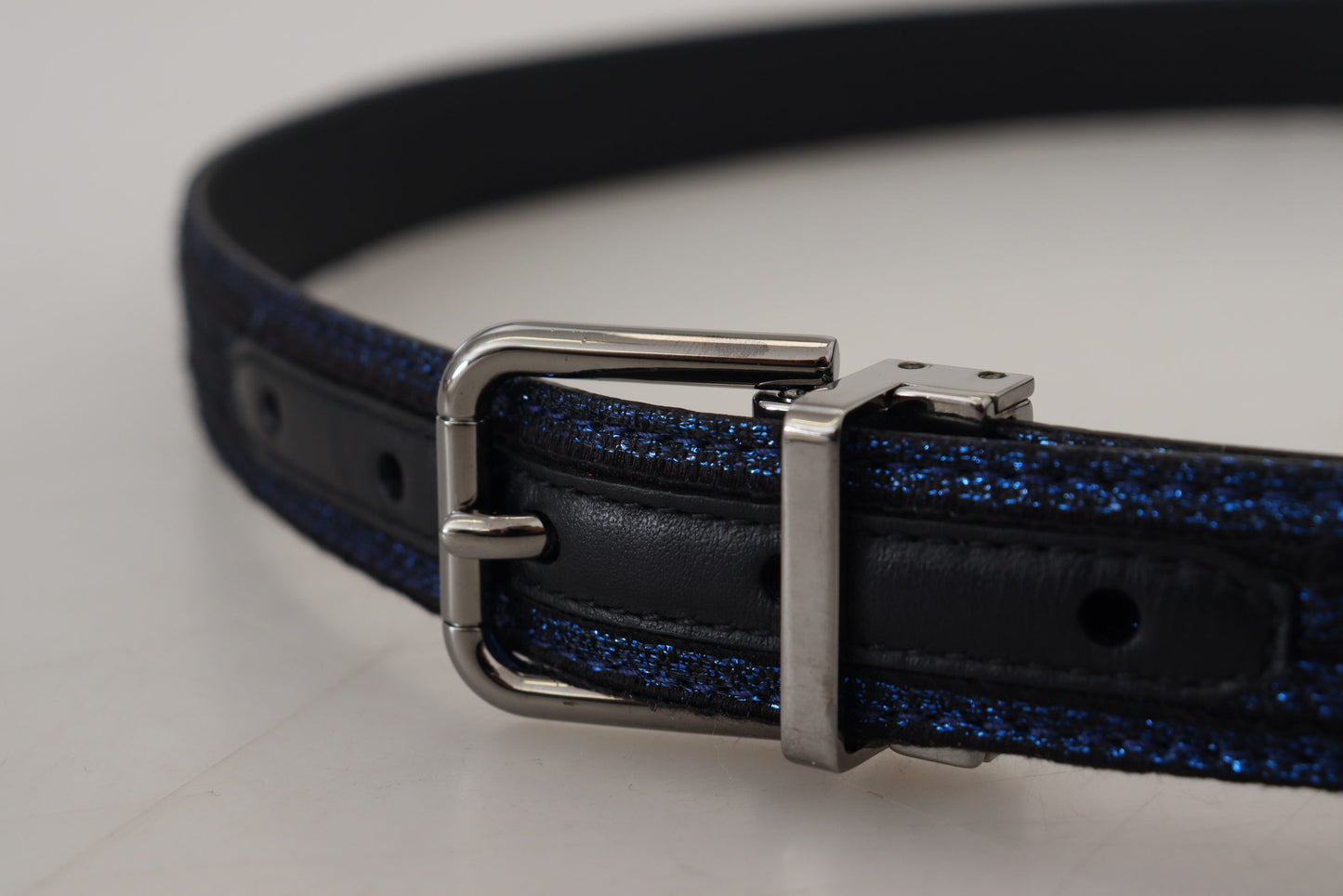 Dolce &amp; Gabbana Blue Jacquard Stripe Silver Buckle Belt