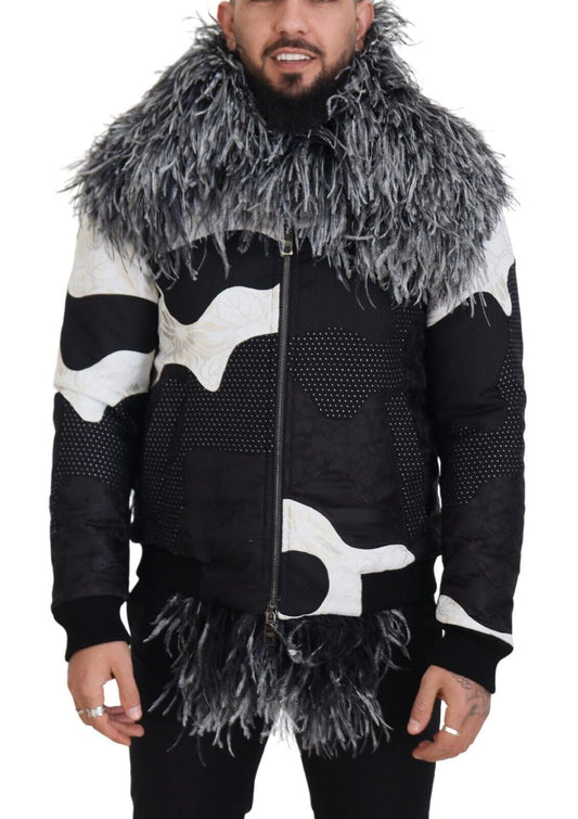 Dolce &amp; Gabbana Élégante veste zippée en peau lainée noire et blanche