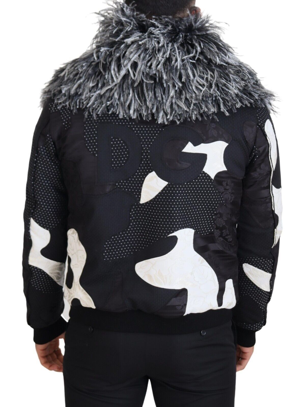 Dolce &amp; Gabbana Élégante veste zippée en peau lainée noire et blanche