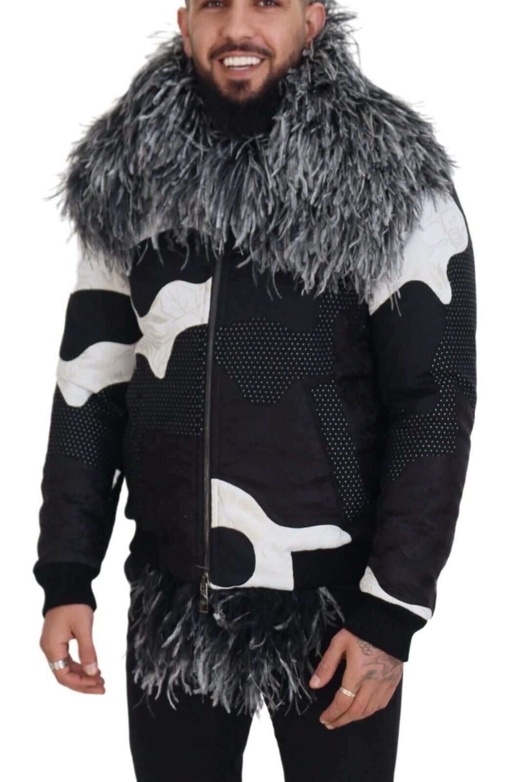 Dolce &amp; Gabbana Élégante veste zippée en peau lainée noire et blanche
