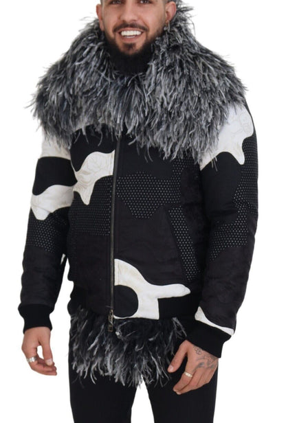 Dolce &amp; Gabbana Élégante veste zippée en peau lainée noire et blanche