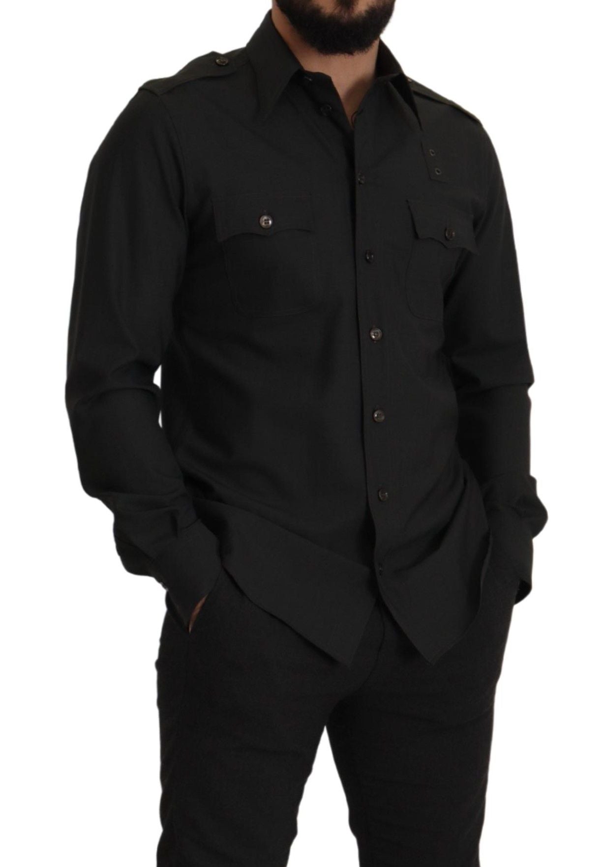 Dolce & Gabbana Dark Green Cotton Slim Fit Casual Men Shirt by Dolce & Gabbana