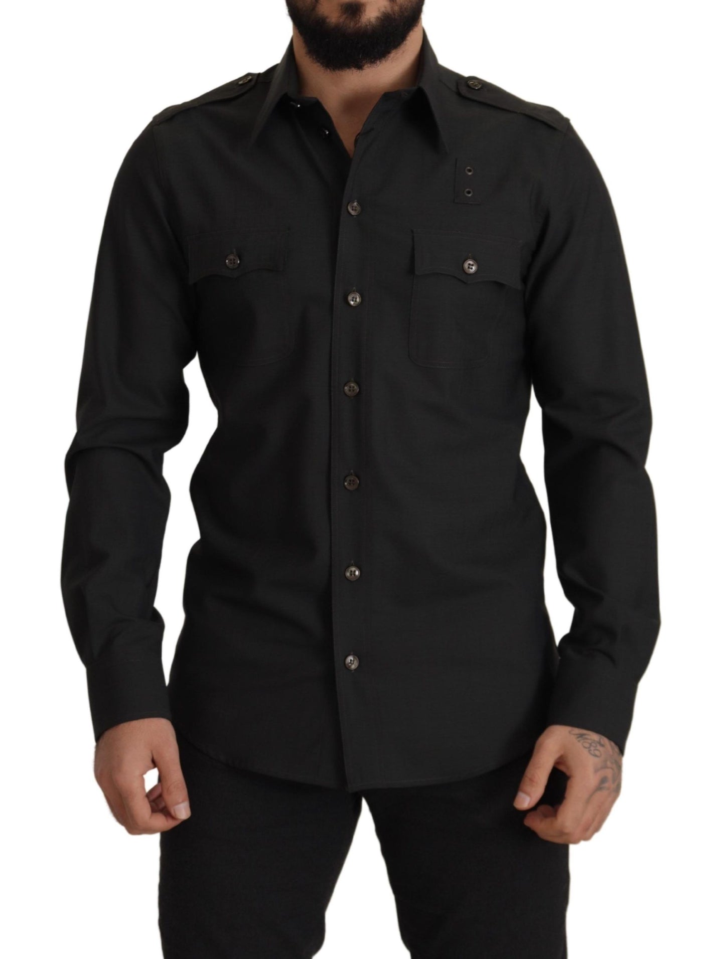 Dolce & Gabbana Dark Green Cotton Slim Fit Casual Men Shirt by Dolce & Gabbana