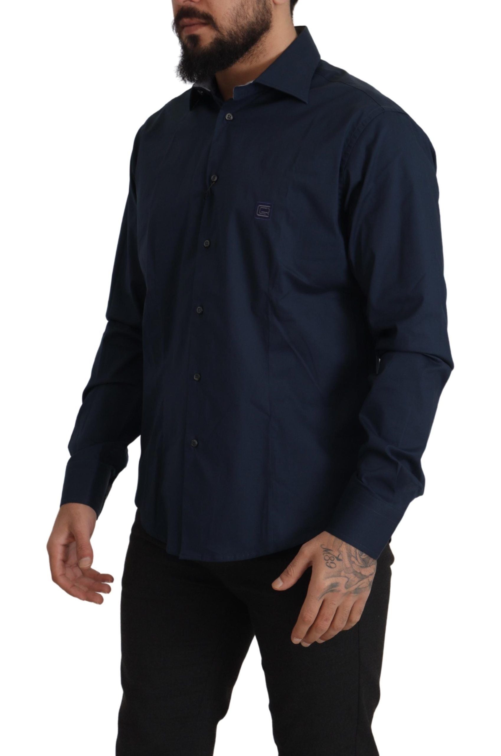 Roberto Cavalli Navy Blue Cotton Dress Formal Shirt by Roberto Cavalli