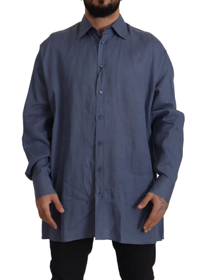 Dolce & Gabbana Dark Blue Linen Slim Fit Dress Formal Men Shirt by Dolce & Gabbana