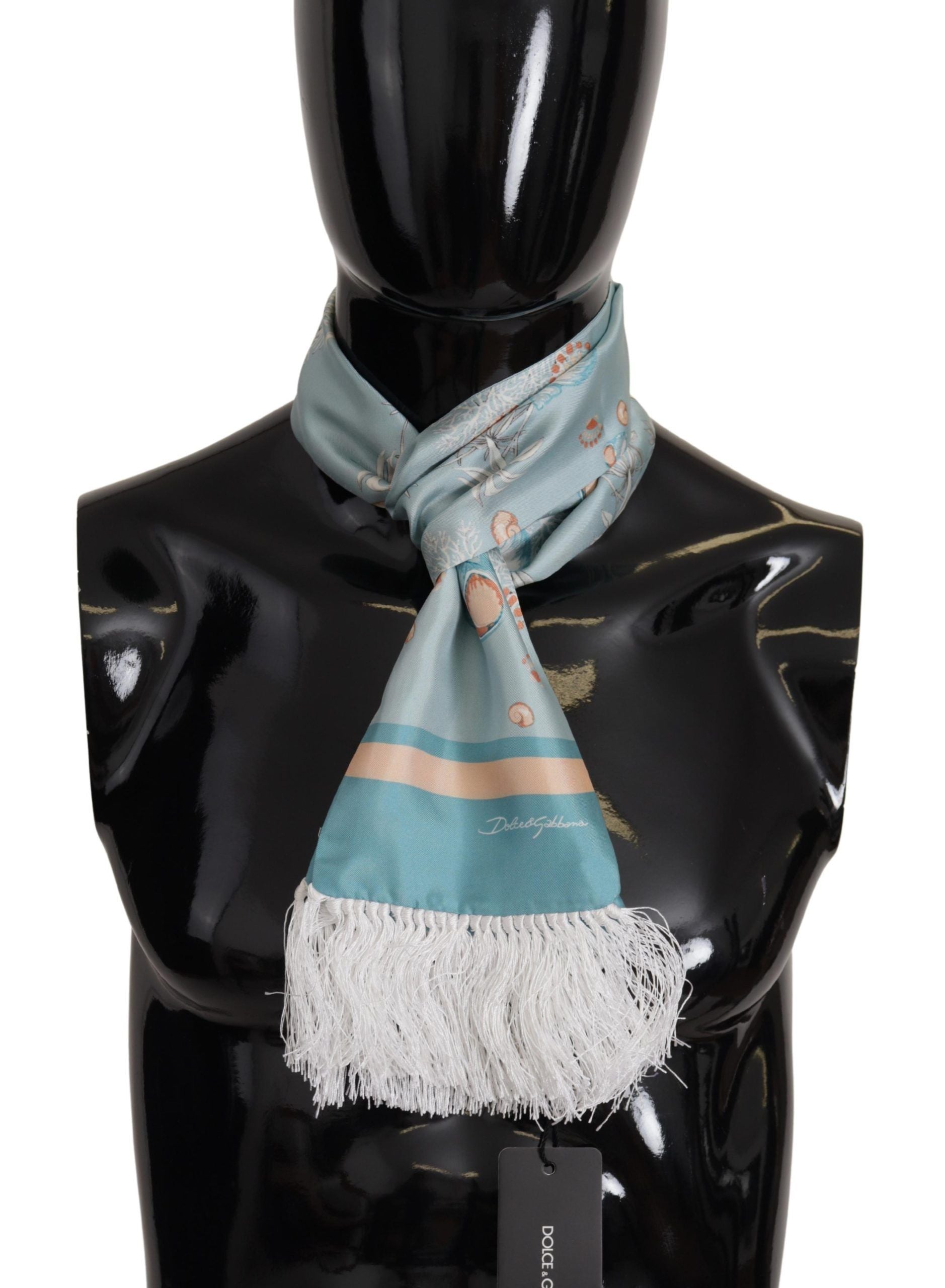 Dolce & Gabbana Blue Silk Shiny Shell-Print Neck Wrap Fringed Scarf by Dolce & Gabbana