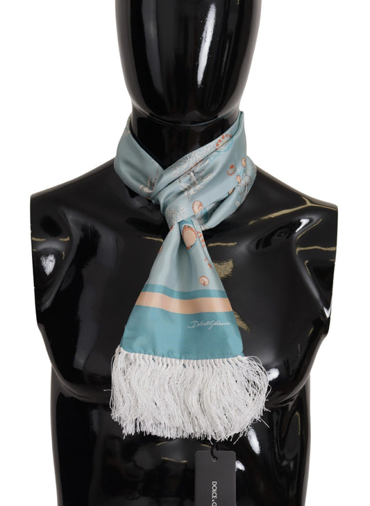 Dolce & Gabbana Blue Silk Shiny Shell-Print Neck Wrap Fringed Scarf by Dolce & Gabbana