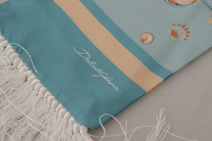 Dolce & Gabbana Blue Silk Shiny Shell-Print Neck Wrap Fringed Scarf by Dolce & Gabbana