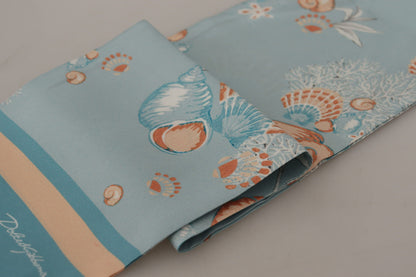 Dolce & Gabbana Blue Silk Shiny Shell-Print Neck Wrap Fringed Scarf by Dolce & Gabbana