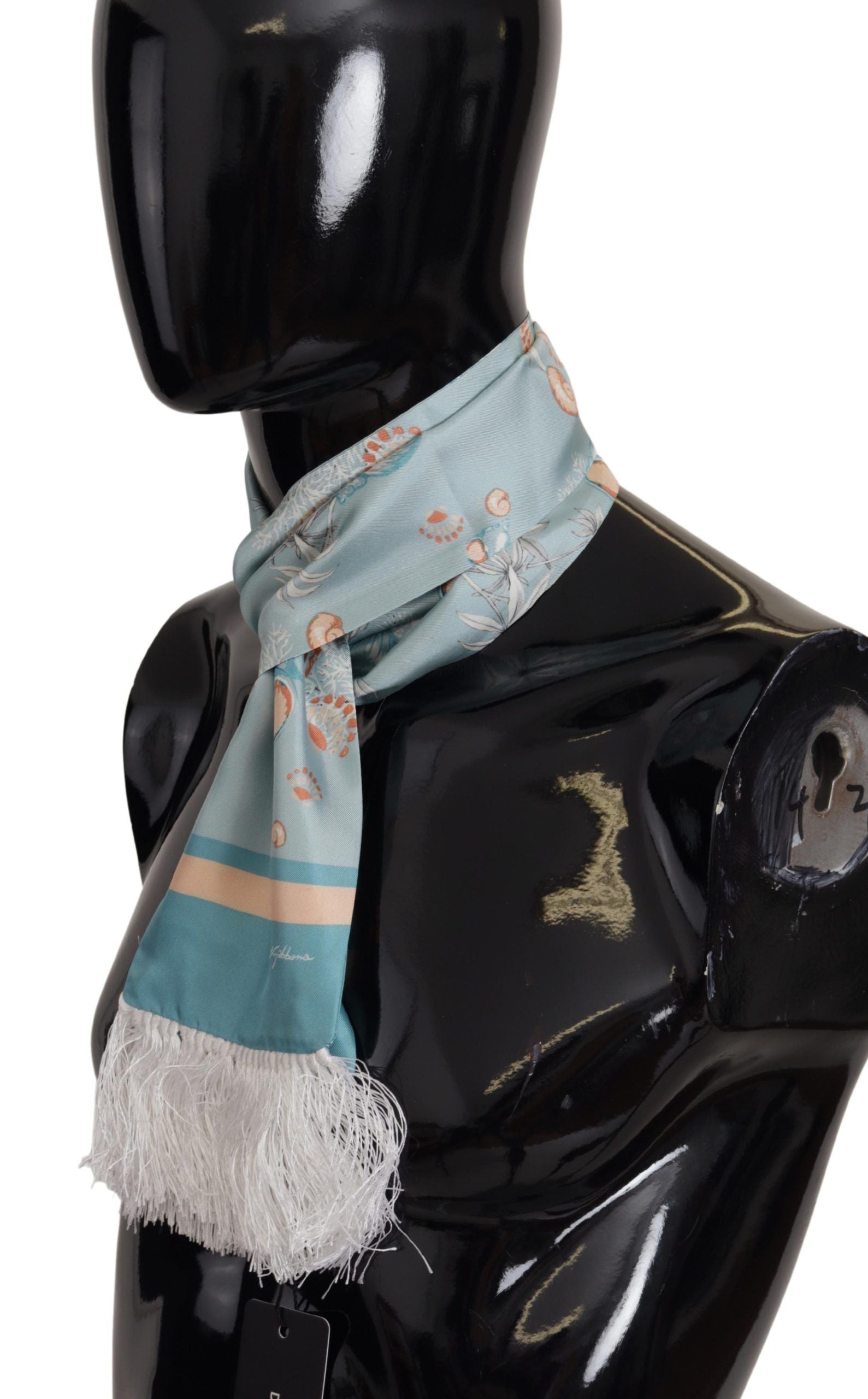Dolce & Gabbana Blue Silk Shiny Shell-Print Neck Wrap Fringed Scarf by Dolce & Gabbana