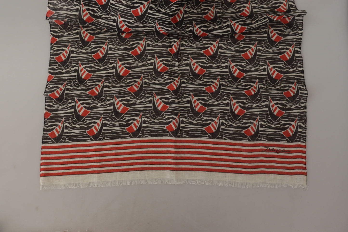 Dolce & Gabbana Black Red Linen Sailboat Stripe Print Shawl Scarf by Dolce & Gabbana