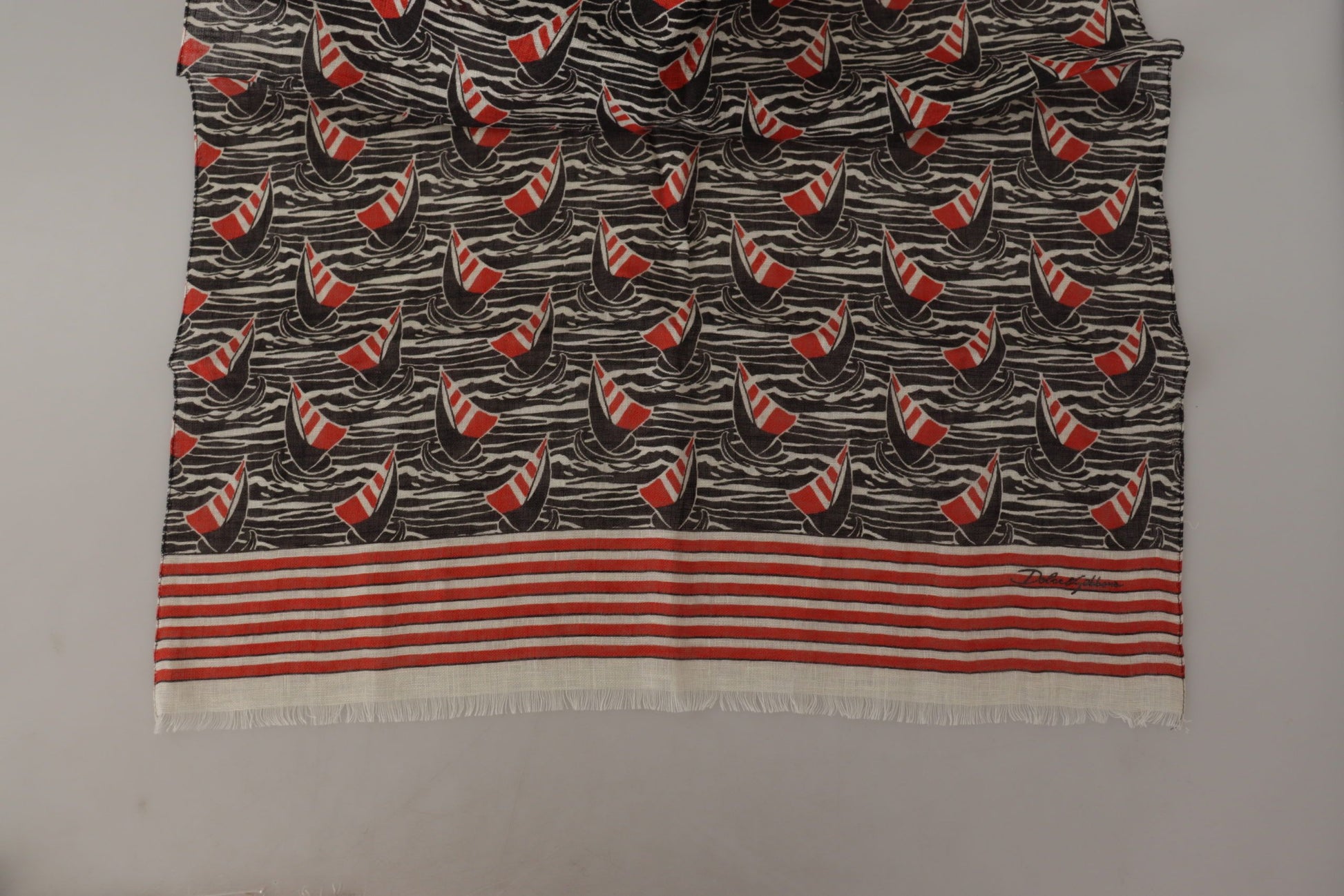 Dolce & Gabbana Black Red Linen Sailboat Stripe Print Shawl Scarf by Dolce & Gabbana