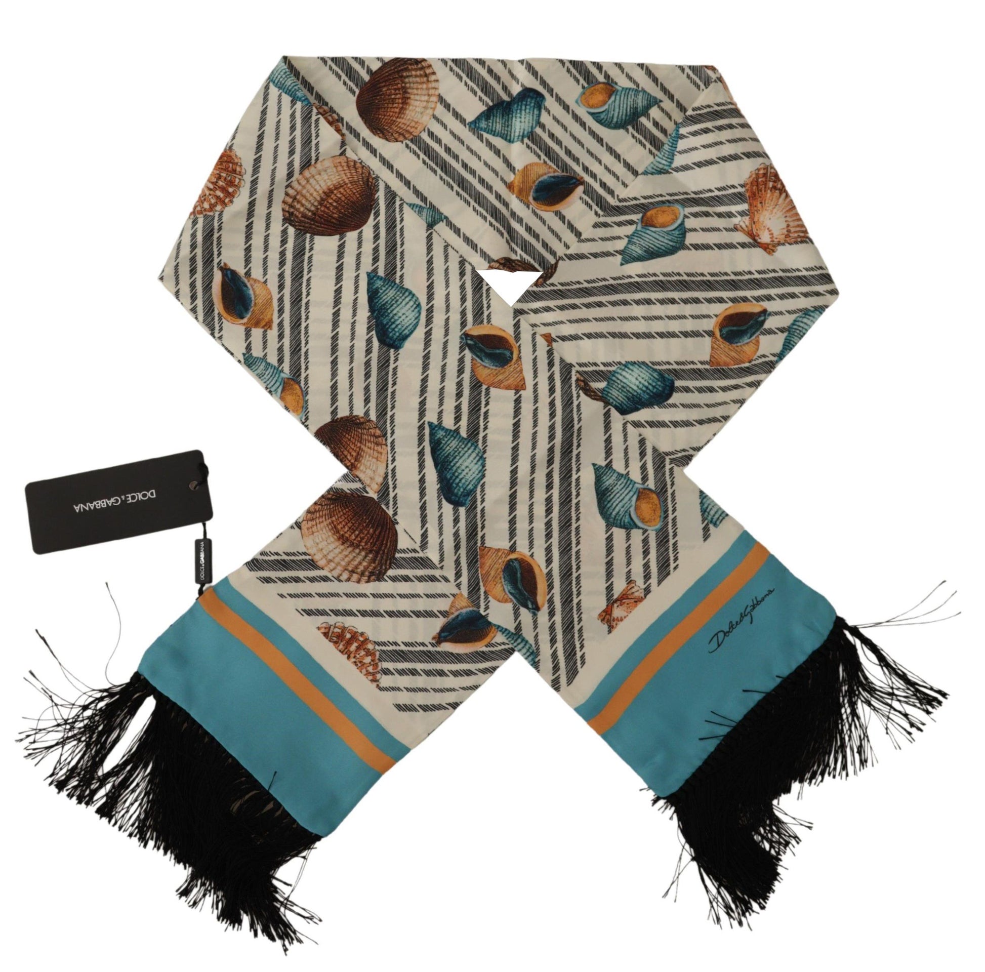 Dolce & Gabbana Multicolor Seashells DG Print Silk Shawl Fringe Scarf by Dolce & Gabbana