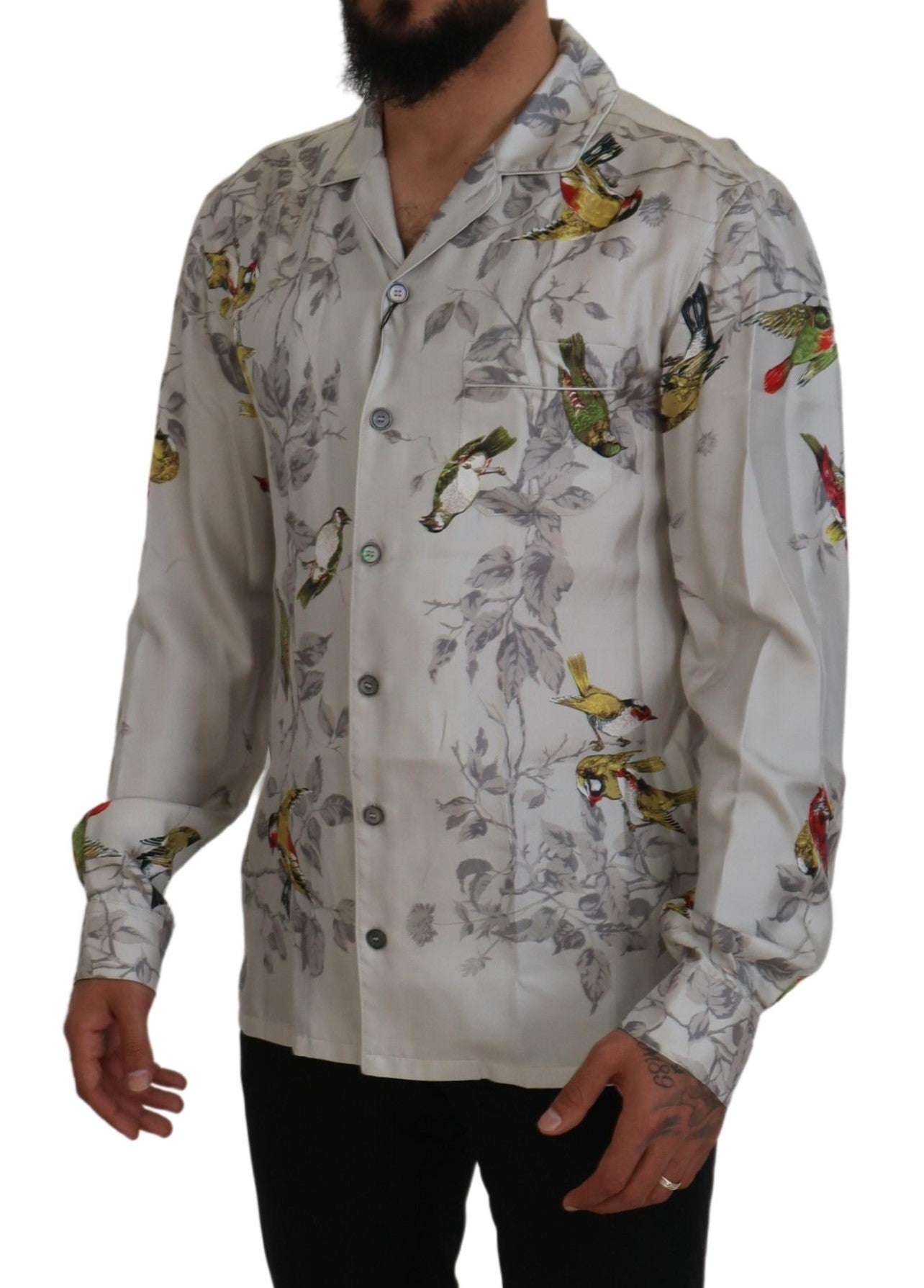 Dolce & Gabbana White Bird Print Silk Satin Casual Shirt by Dolce & Gabbana