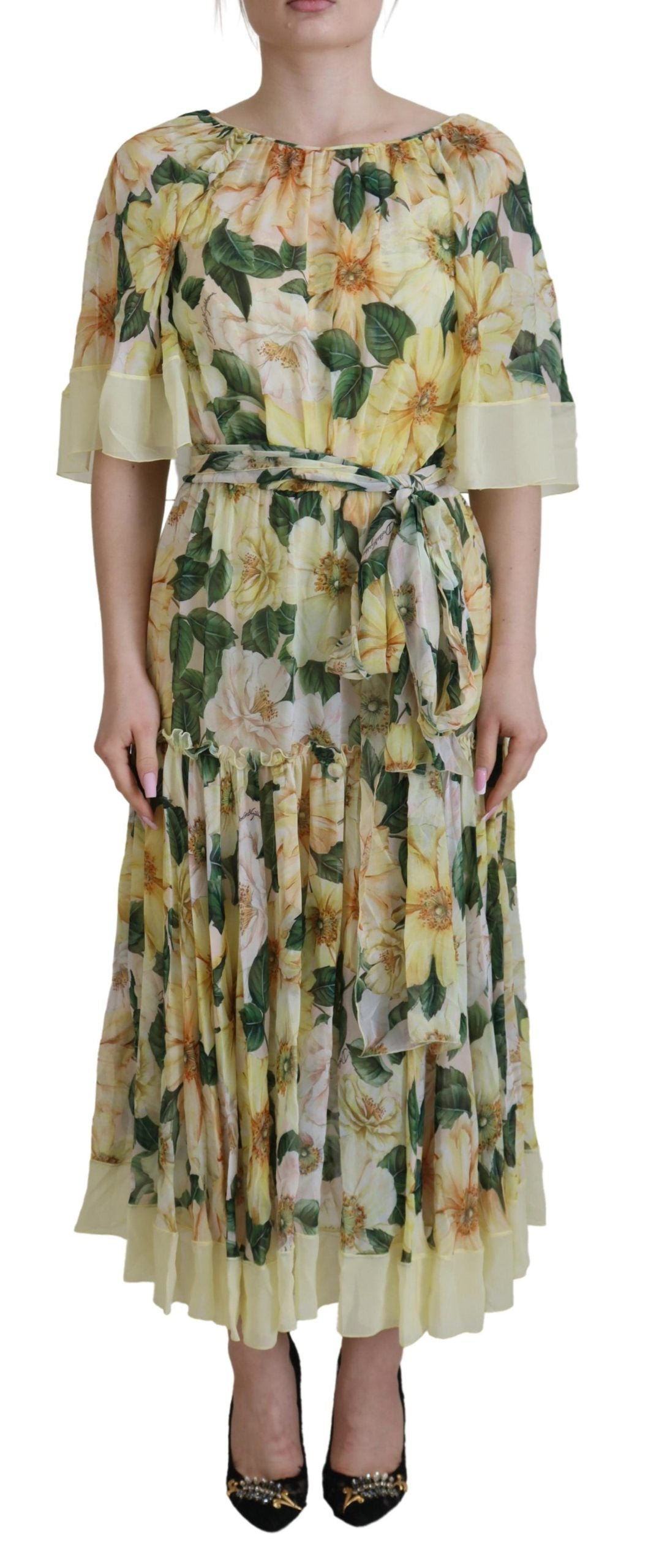 Dolce & Gabbana Yellow Floral Print Pleated Maxi Silk Dress by Dolce & Gabbana