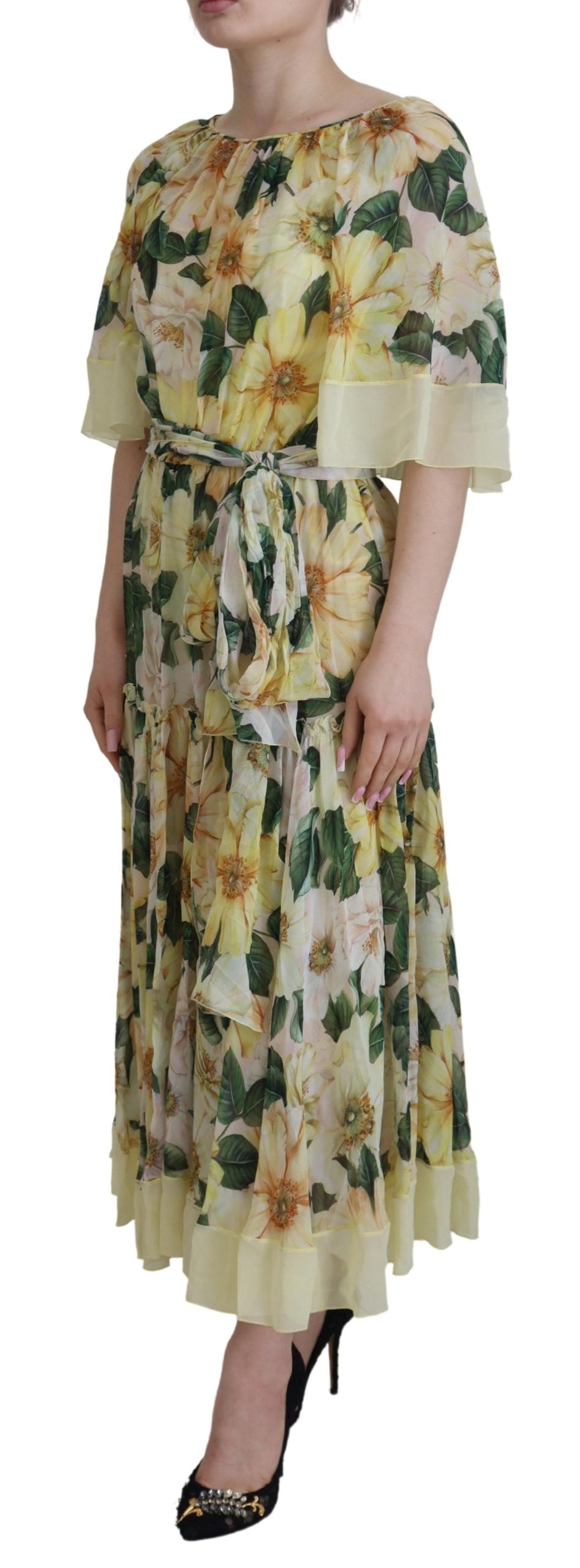 Dolce & Gabbana Yellow Floral Print Pleated Maxi Silk Dress by Dolce & Gabbana