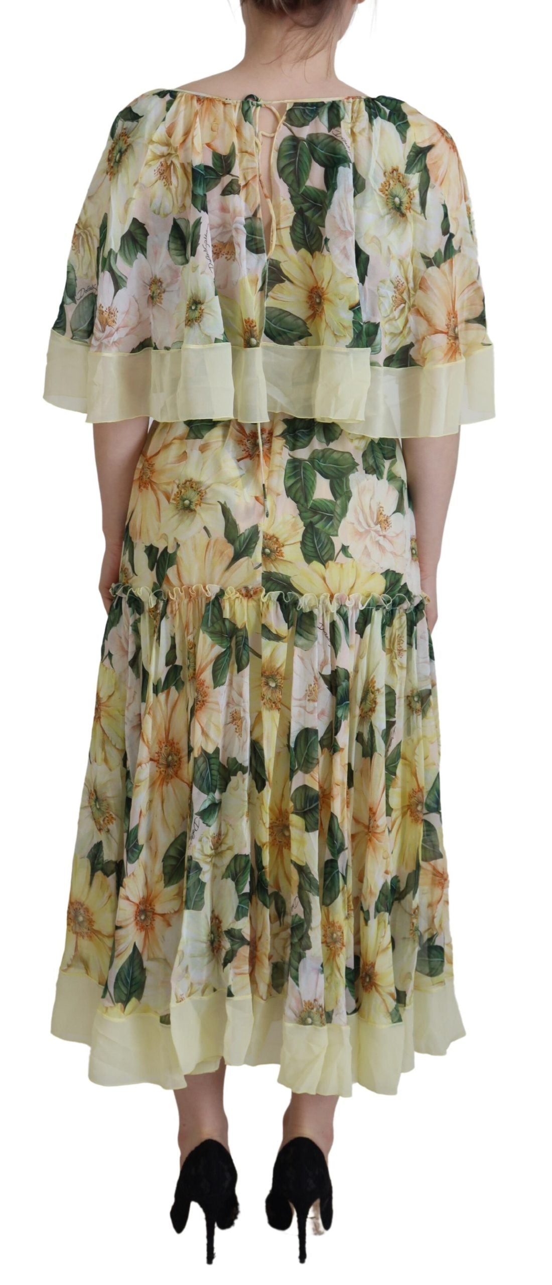 Dolce & Gabbana Yellow Floral Print Pleated Maxi Silk Dress by Dolce & Gabbana