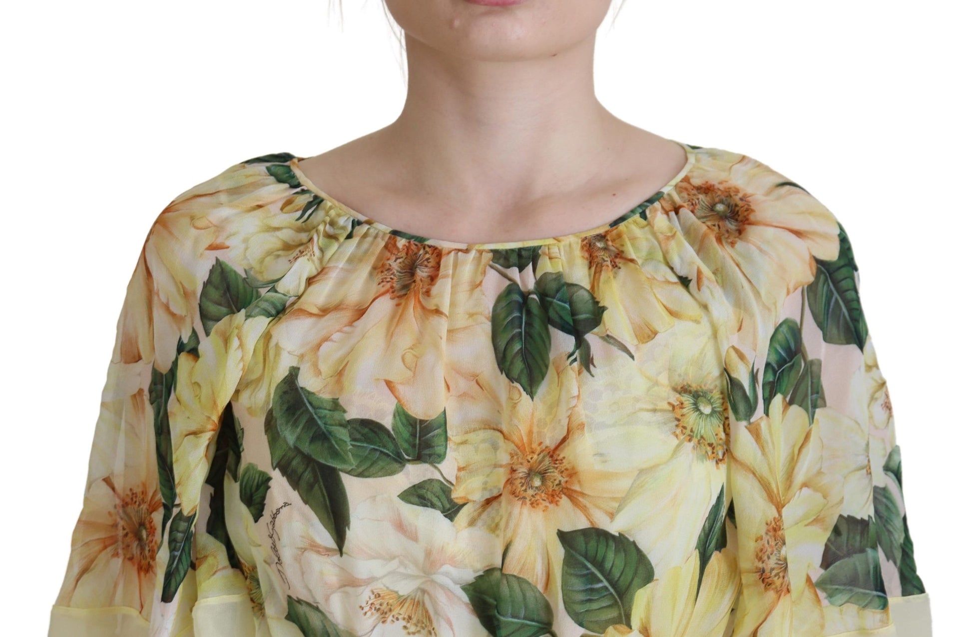 Dolce & Gabbana Yellow Floral Print Pleated Maxi Silk Dress by Dolce & Gabbana
