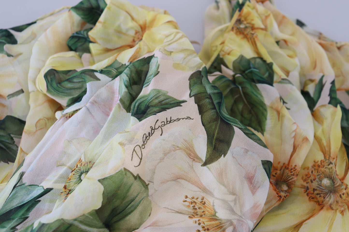 Dolce & Gabbana Yellow Floral Print Pleated Maxi Silk Dress by Dolce & Gabbana