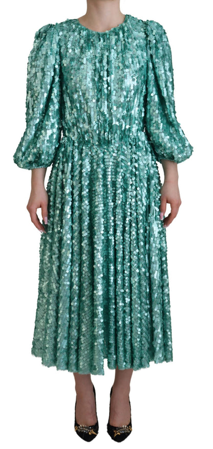 Dolce & Gabbana Blue Sequined Pleated Aline Midi Nylon Dress by Dolce & Gabbana