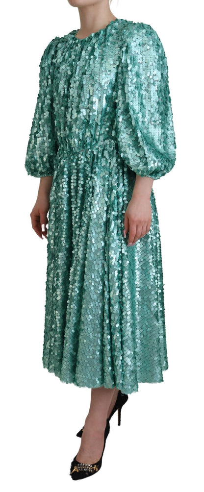 Dolce & Gabbana Blue Sequined Pleated Aline Midi Nylon Dress by Dolce & Gabbana
