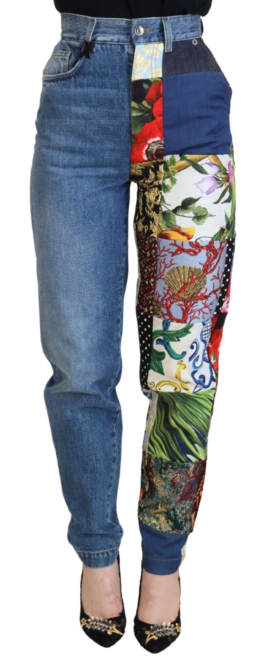 Dolce & Gabbana Blue Jacquard Majolica High Waist Jeans by Dolce & Gabbana