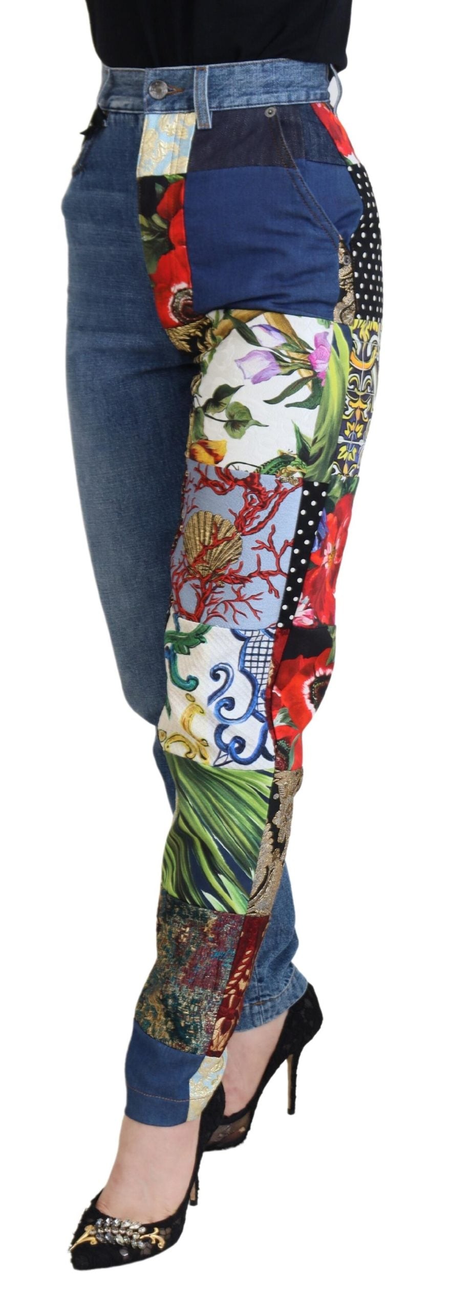 Dolce & Gabbana Blue Jacquard Majolica High Waist Jeans by Dolce & Gabbana