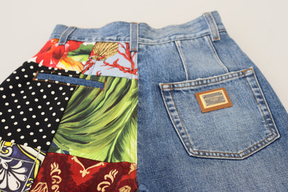 Dolce & Gabbana Blue Jacquard Majolica High Waist Jeans by Dolce & Gabbana