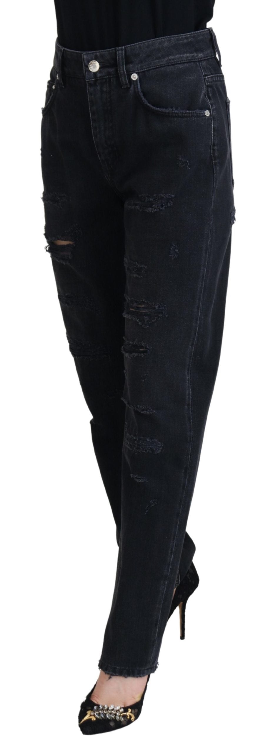 Dolce & Gabbana Black Cotton Tattered High Waist Denim Jeans by Dolce & Gabbana