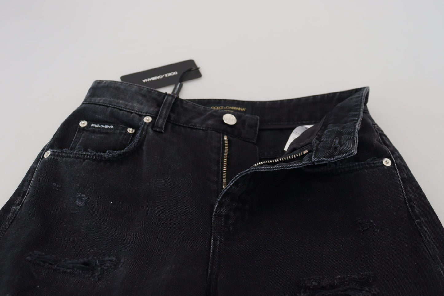Dolce & Gabbana Black Cotton Tattered High Waist Denim Jeans by Dolce & Gabbana