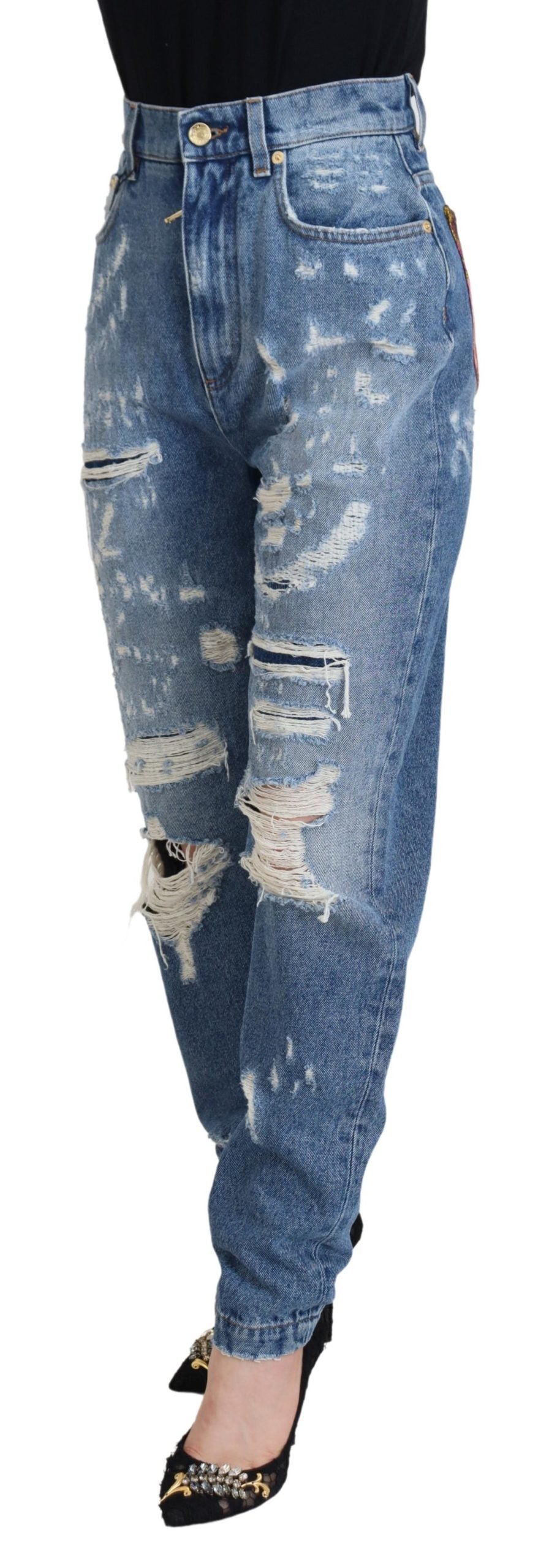 Dolce & Gabbana Blue Washed Cotton Tattered Denim Jeans by Dolce & Gabbana